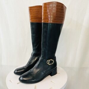 Marc Fisher Hailen Leather Riding Boots Women 8W Wide‎ Calf Tan Croc Buckle